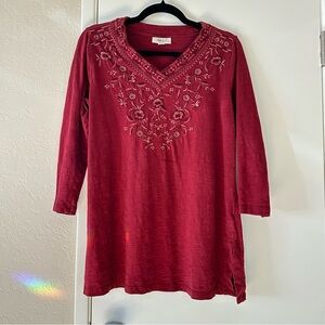 Style & Co.-Tunic- Small, Burgundy Boho Embroidered